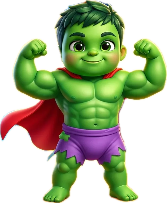 Mascote do Promos dos Pequenos, um bebê herói verde mostrando os músculos